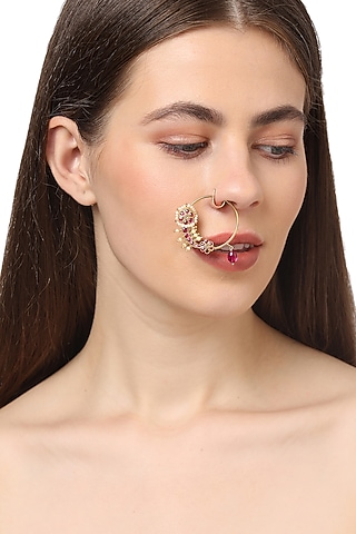 Gold Plated Pearl & Maroon Stone Nose Ring In Sterling Silver by Ahilya Jewels