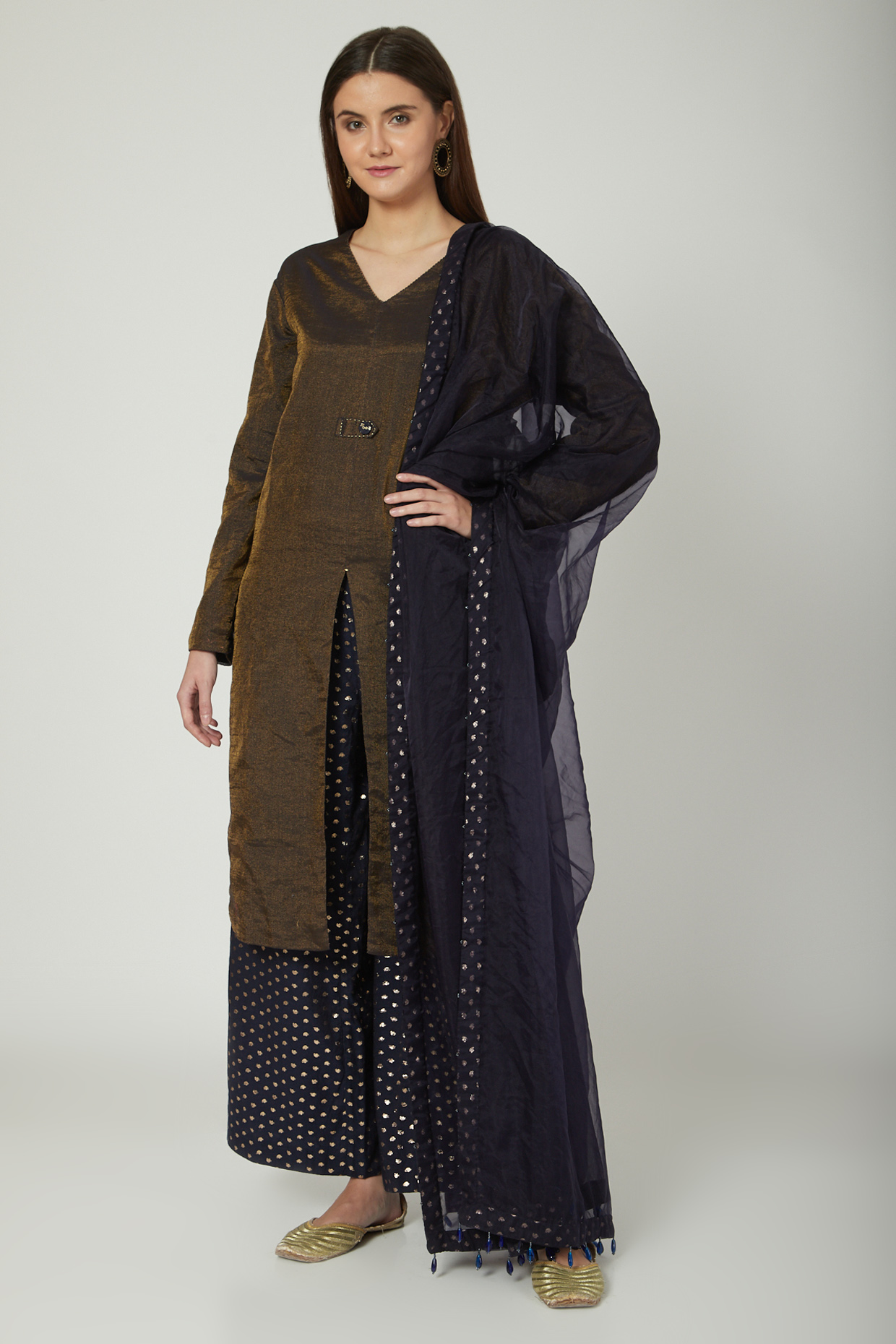 Brown & Cobalt Blue Kurta Set by Ahmev