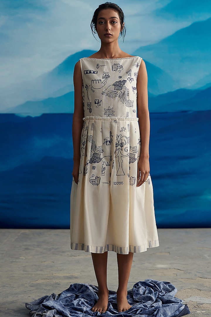 Ivory Chanderi Printed A-Line Midi Dress by Ahmev
