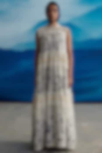 Ivory Chanderi Printed Maxi Vacation Dress by Ahmev at Pernia's Pop Up Shop