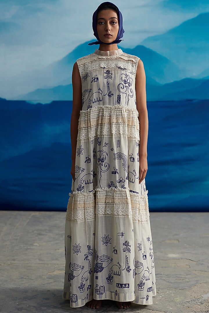 Ivory Chanderi Printed Maxi Vacation Dress by Ahmev at Pernia's Pop Up Shop