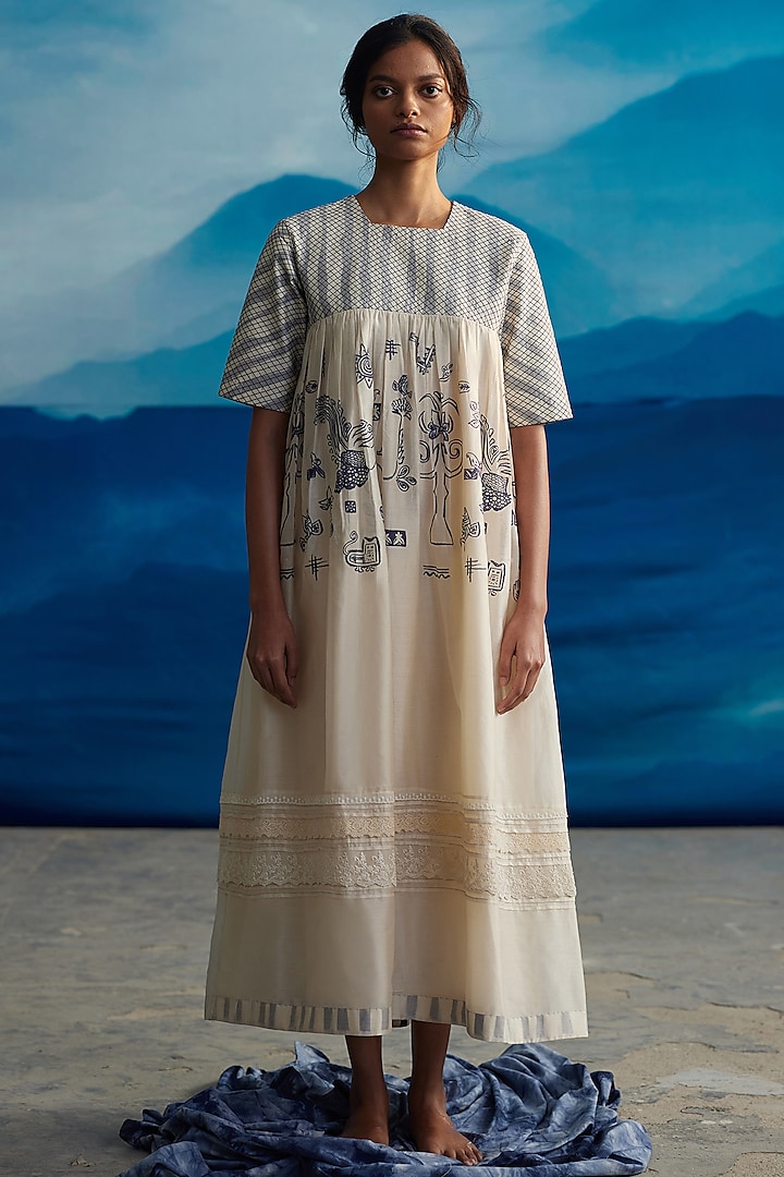 Ivory Chanderi Printed Maxi Dress by Ahmev