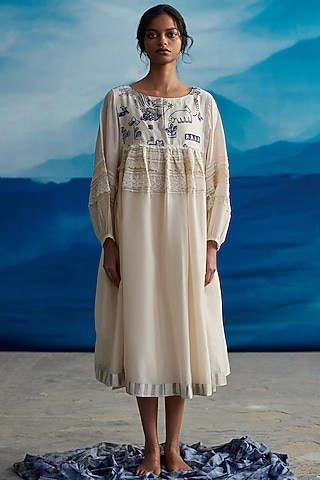 Ivory Chanderi Printed Midi Dress by Ahmev