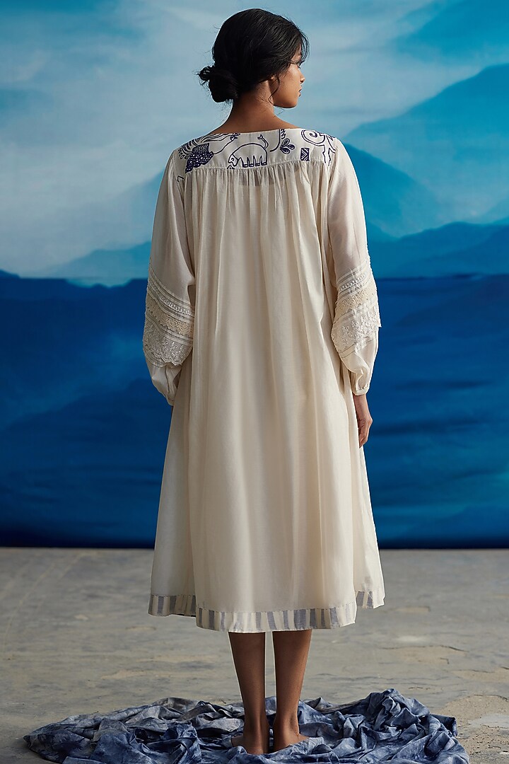 Ivory Chanderi Printed Midi Summer Dress by Ahmev at Pernia's Pop Up Shop