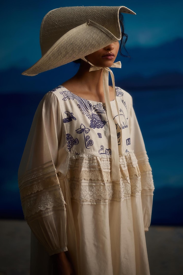 Ivory Chanderi Printed Midi Summer Dress by Ahmev at Pernia's Pop Up Shop