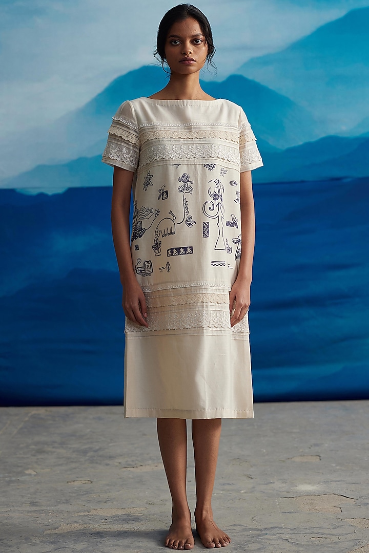 Ivory Chanderi Printed Midi Shift Dress by Ahmev