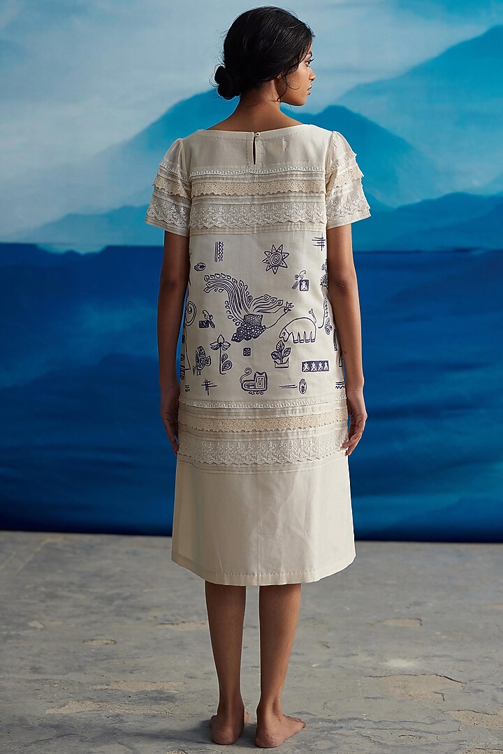 Ivory Chanderi Printed Midi Shift Vacation Dress by Ahmev at Pernia's Pop Up Shop