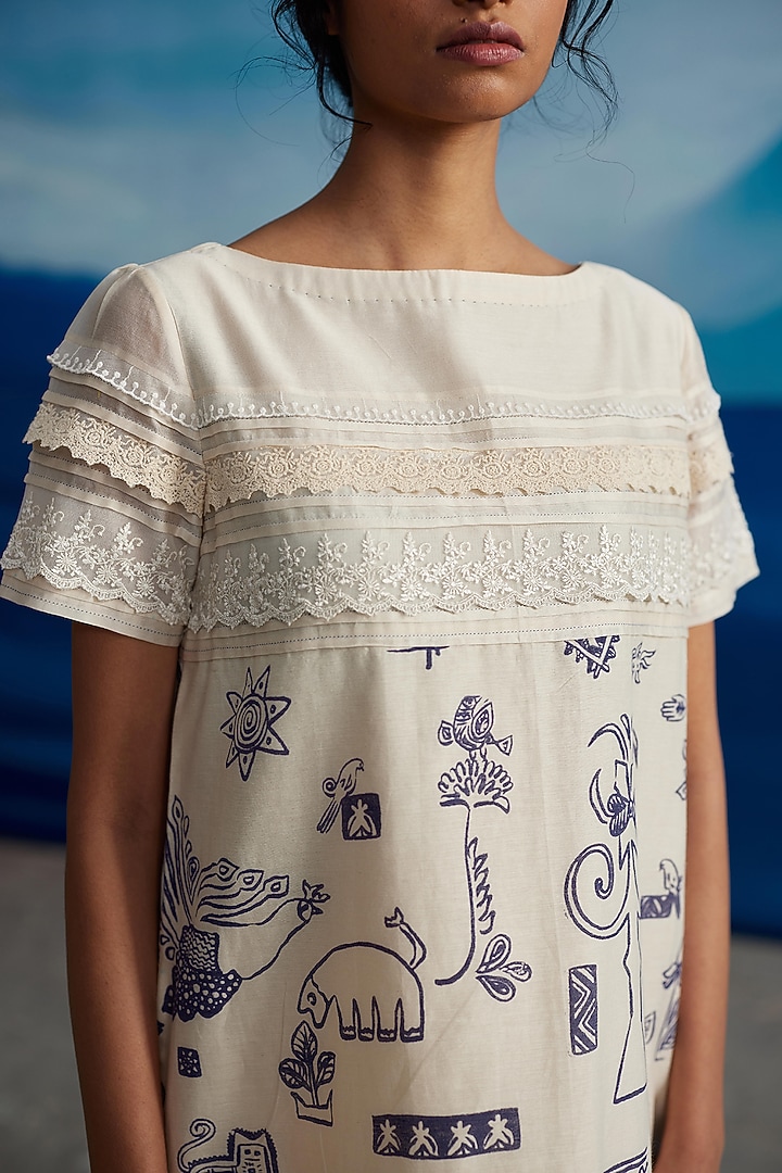Ivory Chanderi Printed Midi Shift Vacation Dress by Ahmev at Pernia's Pop Up Shop