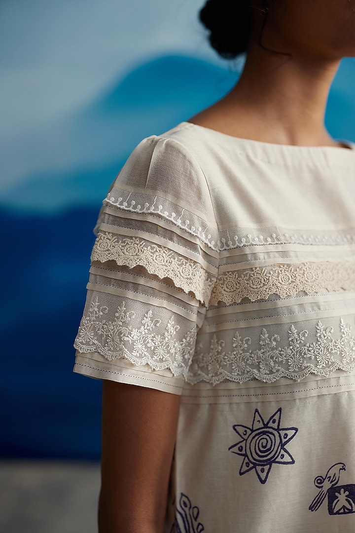 Ivory Chanderi Printed Midi Shift Vacation Dress by Ahmev at Pernia's Pop Up Shop