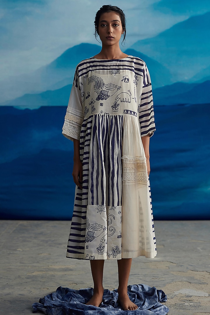 Ivory Chanderi Printed Dress by Ahmev