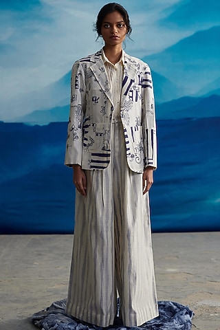 Ivory Chanderi Printed Jacket by Ahmev