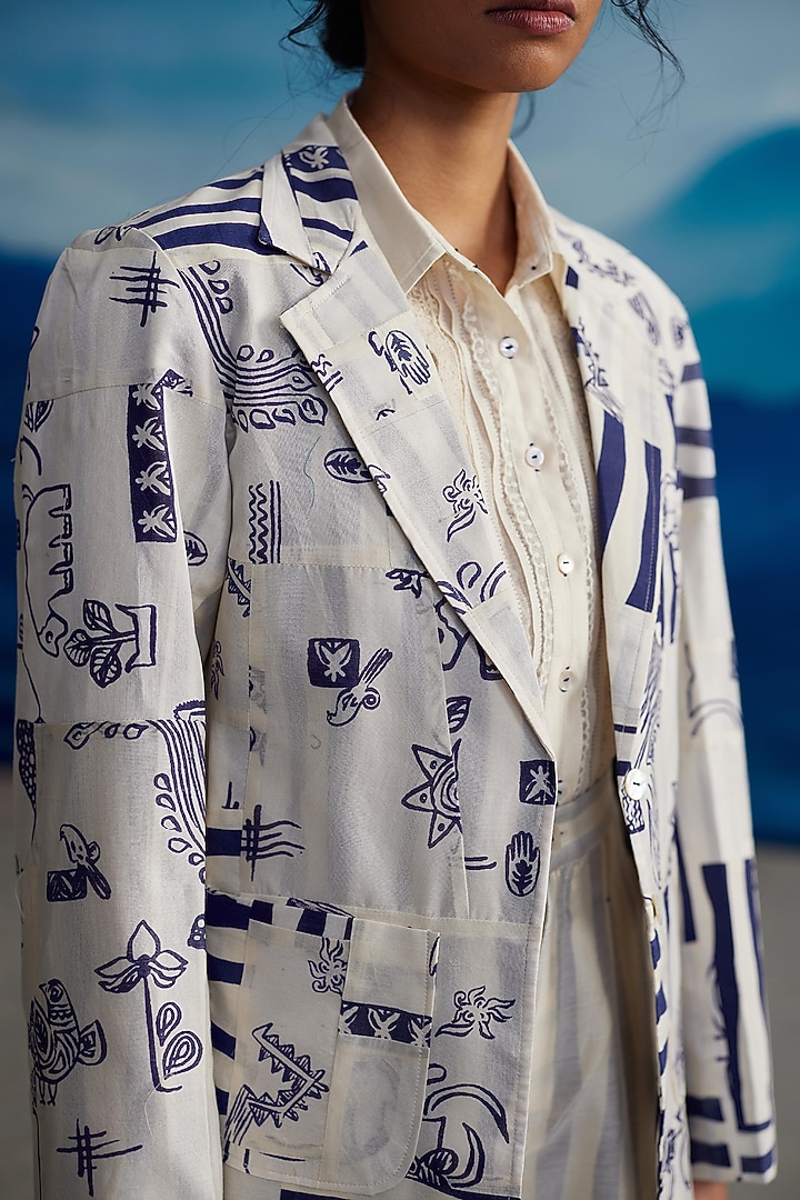 Ivory Chanderi Printed Jacket by Ahmev at Pernia's Pop Up Shop