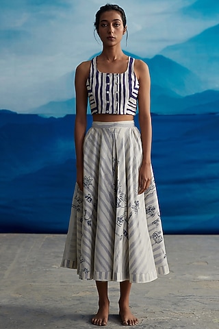 Ivory Chanderi Printed Midi Skirt by Ahmev