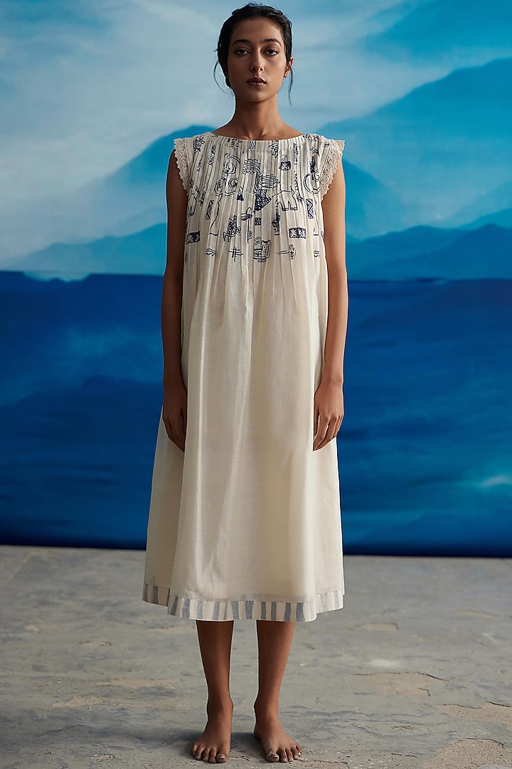 Ivory Chanderi Printed Midi Dress by Ahmev