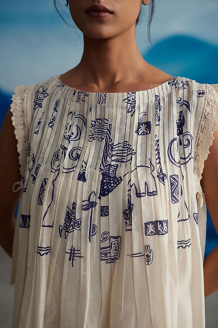 Ivory Chanderi Printed Midi Summer Dress by Ahmev at Pernia's Pop Up Shop
