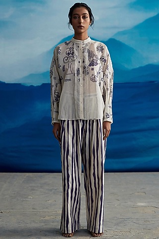 Ivory Silk Organza Printed Shirt by Ahmev