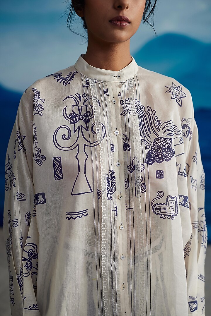 Ivory Silk Organza Printed Shirt by Ahmev at Pernia's Pop Up Shop