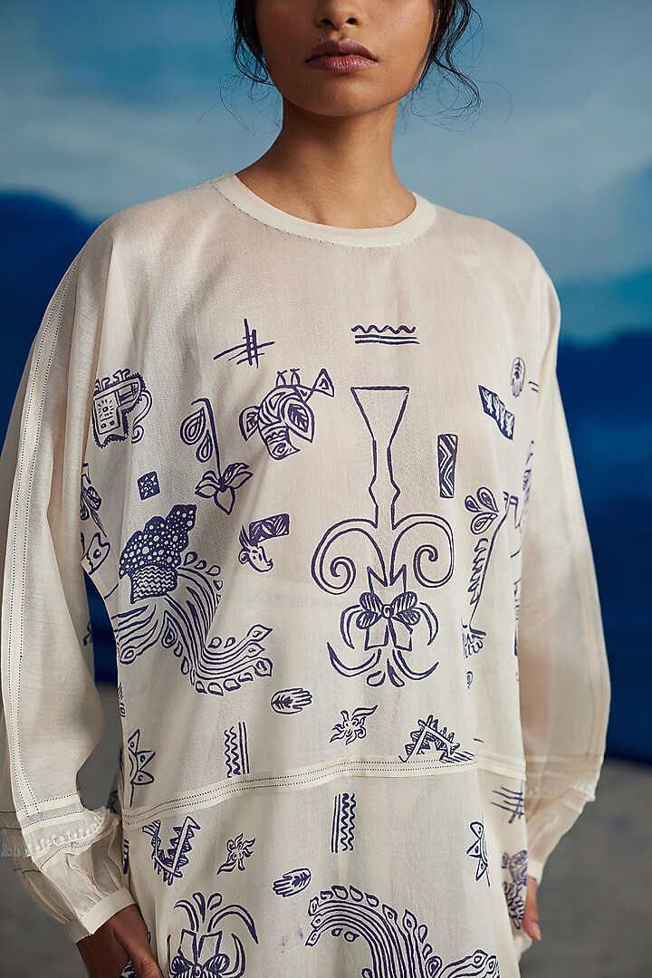 Ivory Chanderi Printed Kurta by Ahmev at Pernia's Pop Up Shop
