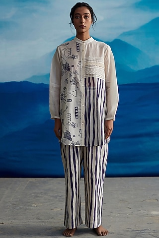 Ivory Chanderi Printed Shirt by Ahmev
