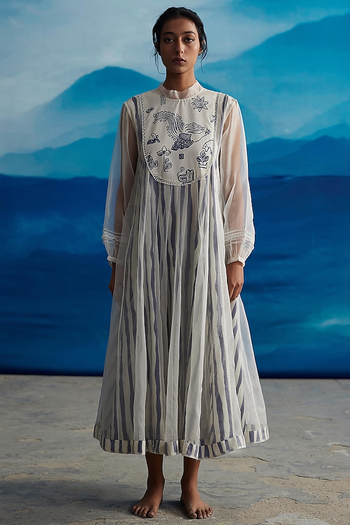 Ivory Chanderi Printed Maxi Dress by Ahmev