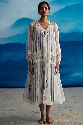 Ivory Silk Organza Printed Midi Dress by Ahmev