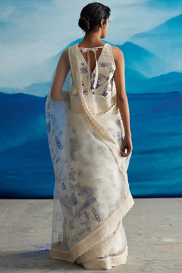 Ivory Silk Organza Printed Party Wear Saree by Ahmev at Pernia's Pop Up Shop