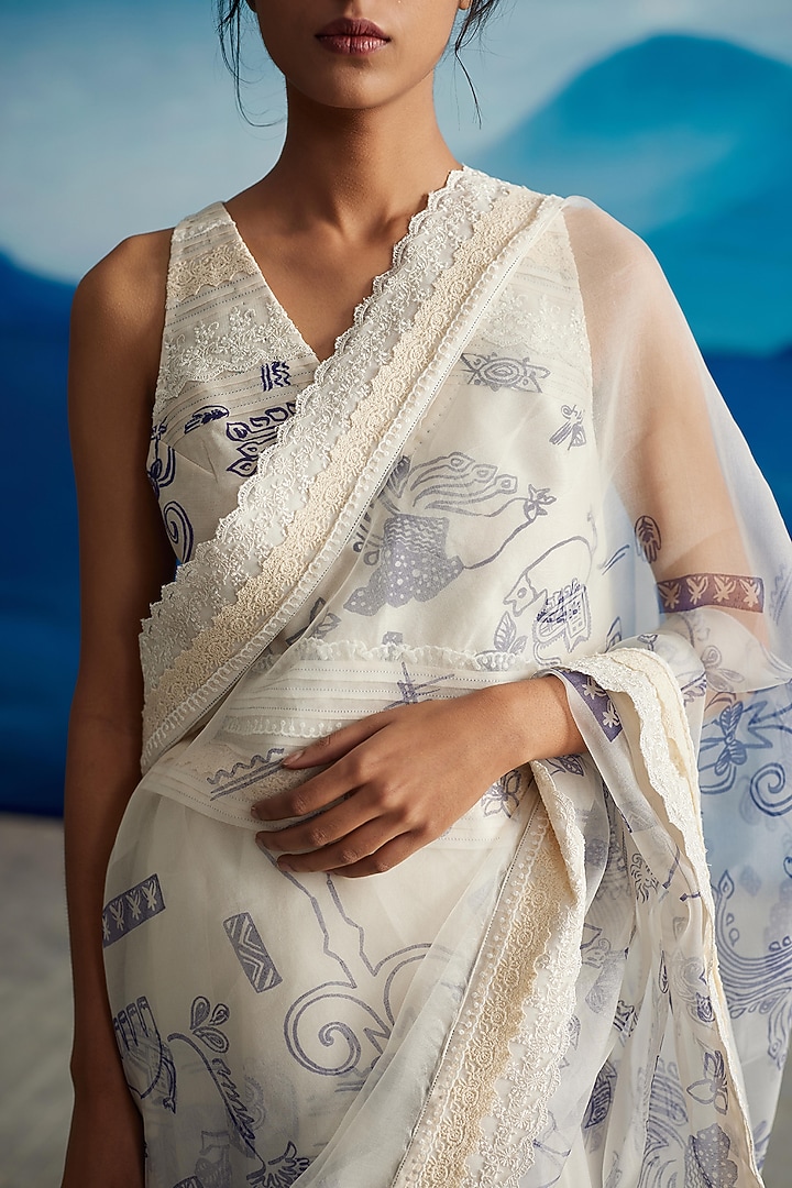 Ivory Silk Organza Printed Party Wear Saree by Ahmev at Pernia's Pop Up Shop
