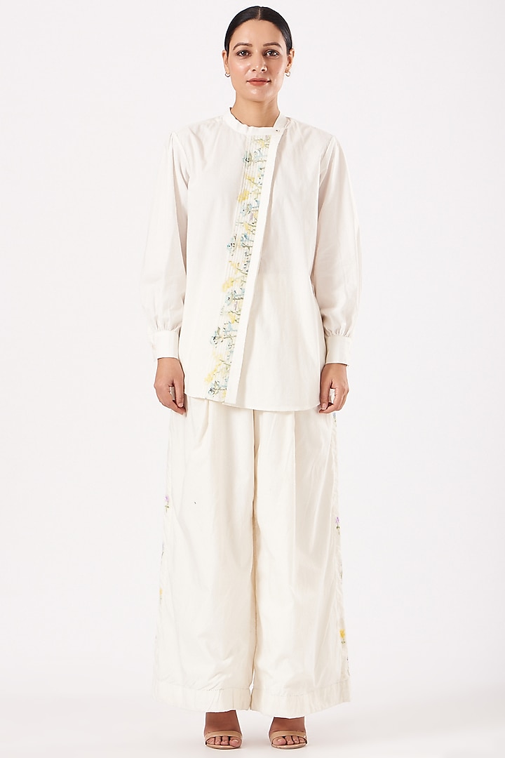 White Cotton Pleated Placket Shirt by Ahmev