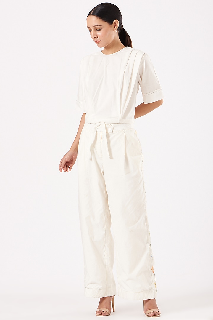 White Cotton Shoulder Pleated Top by Ahmev