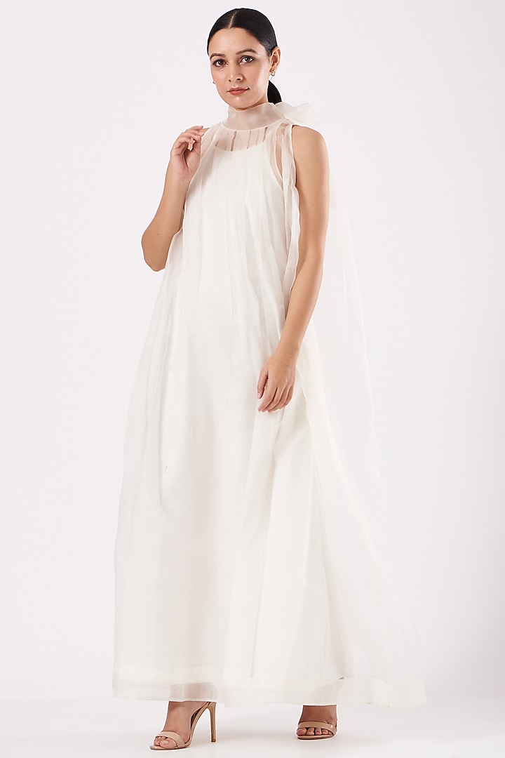 White Silk Organza & Sheer Maxi Dress With Slip by Ahmev