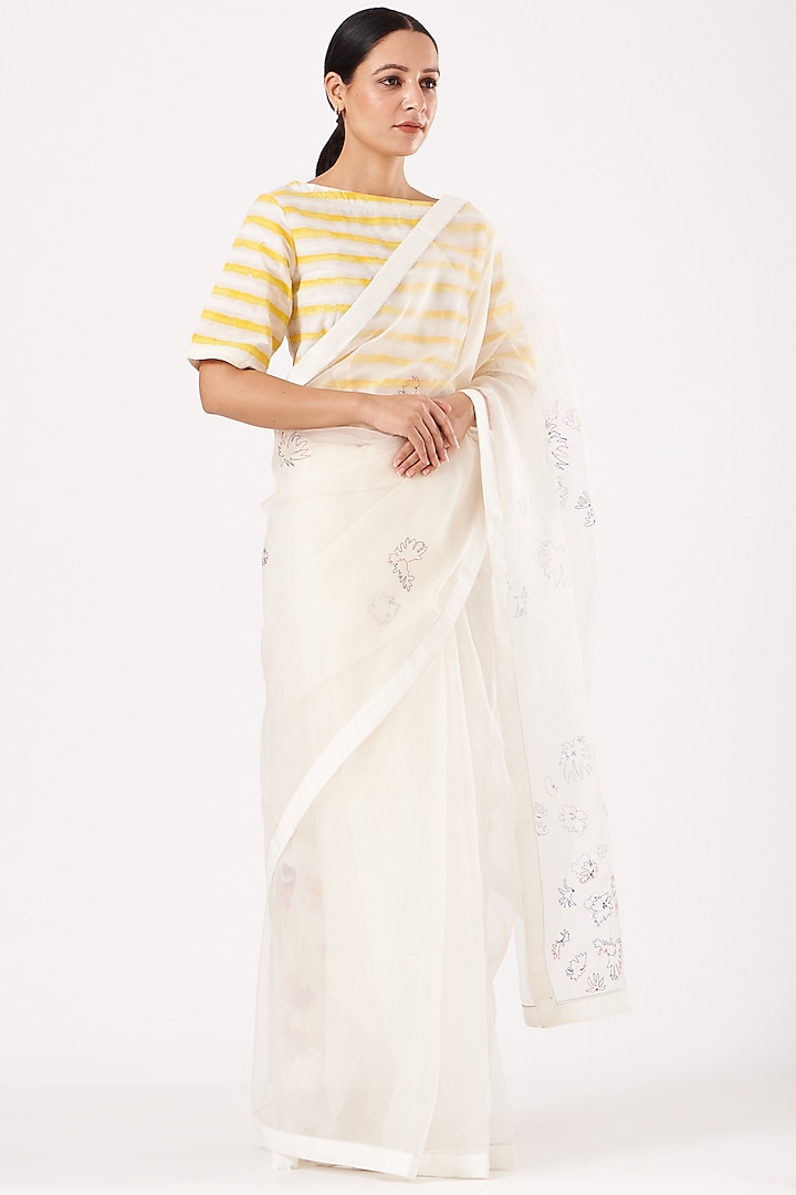 White Hand Embroidered Saree Set by Ahmev