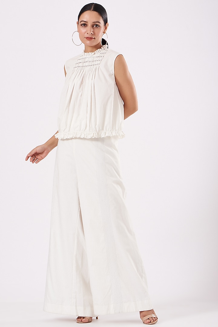 White Cotton Wide-Legged Pants by Ahmev