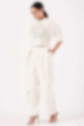 White Cotton Pleated Pants by Ahmev
