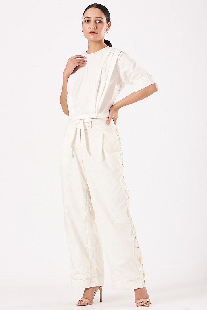 White Hand-Painted Pleated Pants by Ahmev