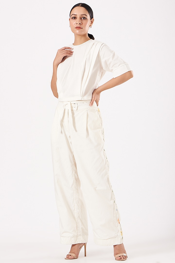 White Hand-Painted Pleated Pants by Ahmev at Pernia's Pop Up Shop