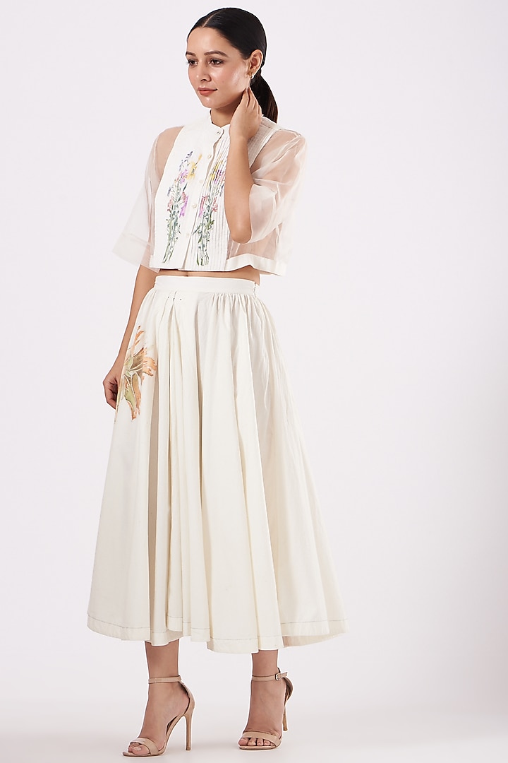White Printed Circular Maxi Skirt by Ahmev