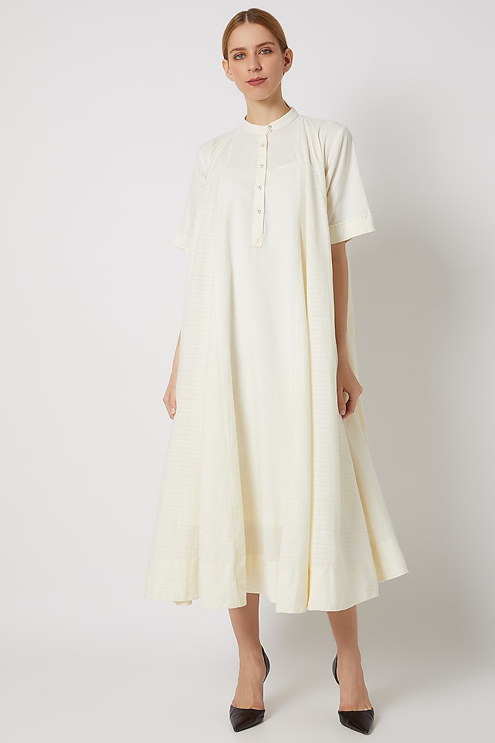 White Godet Dress With Front Placket by Ahmev