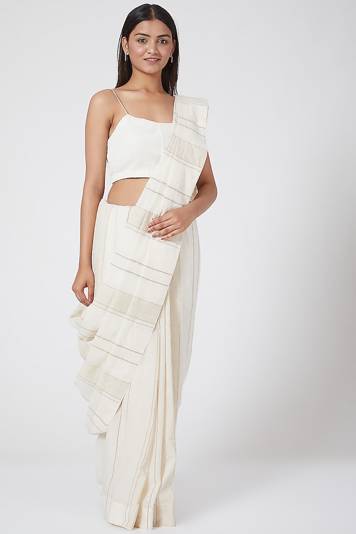 White Striped Saree With Petticoat by Ahmev
