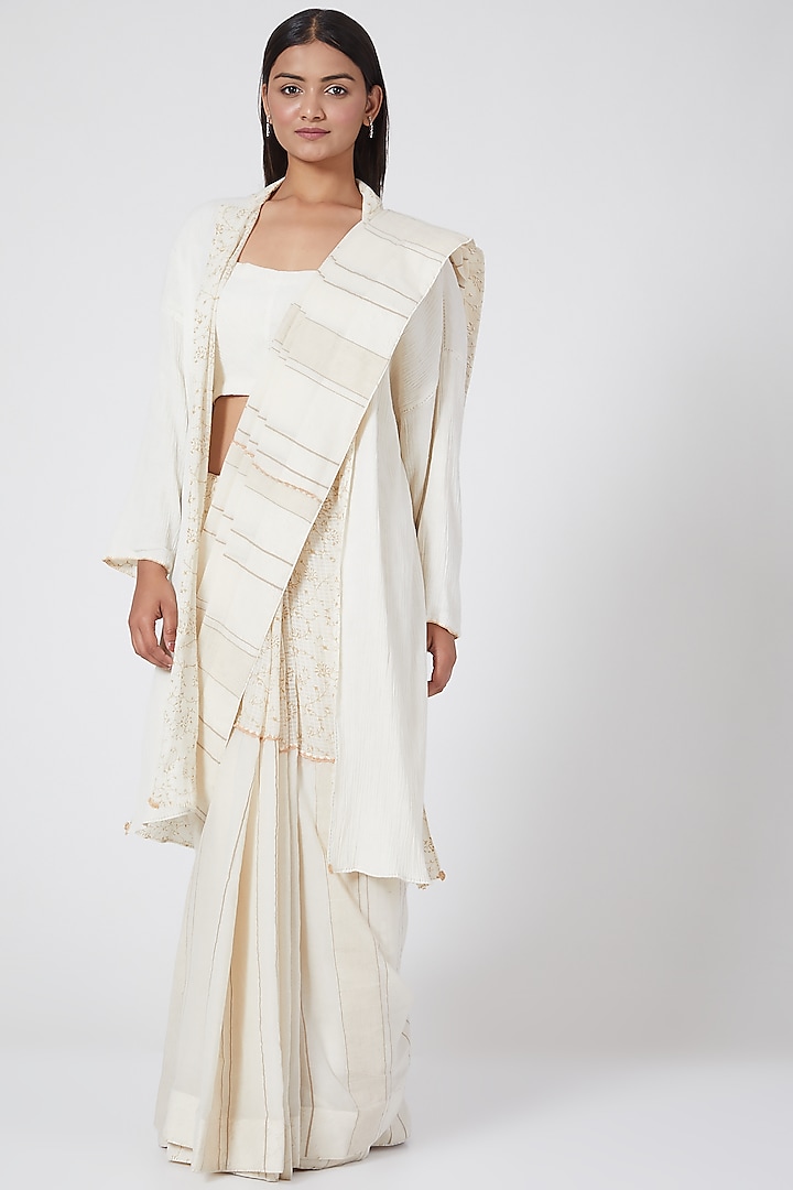 White Block Printed Saree With Petticoat by Ahmev