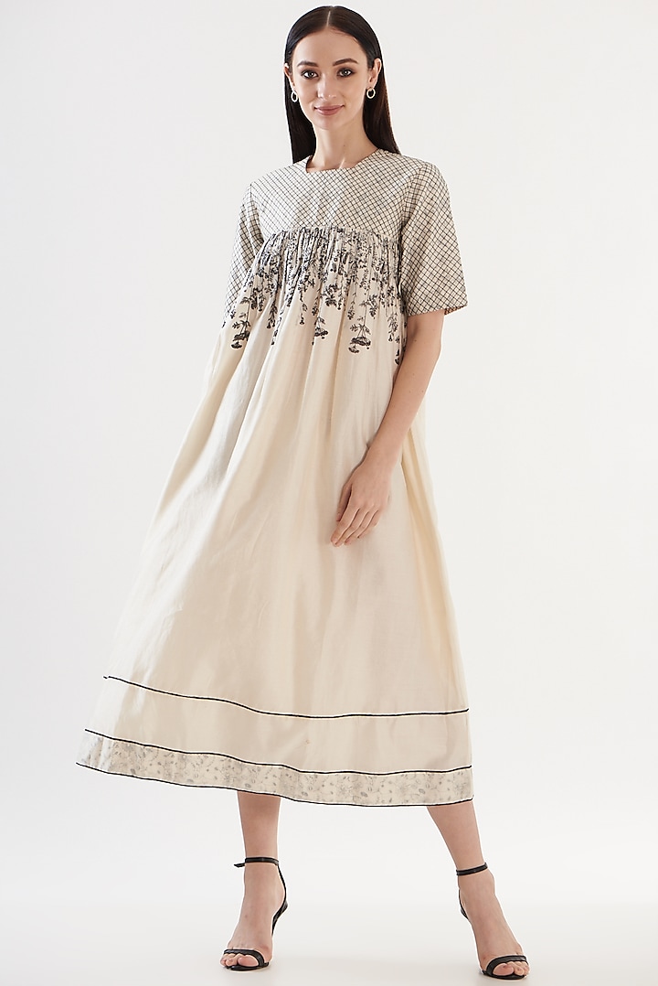 Ivory Chanderi Printed Midi Dress by Ahmev