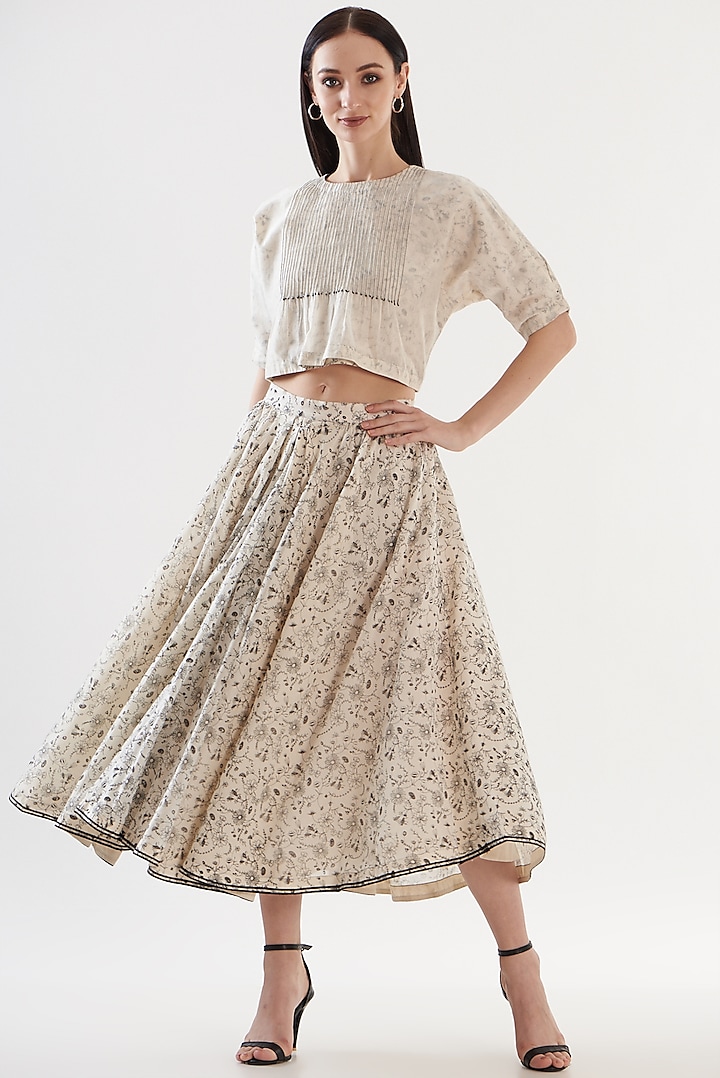 Ivory Chanderi Circular Skirt Set by Ahmev