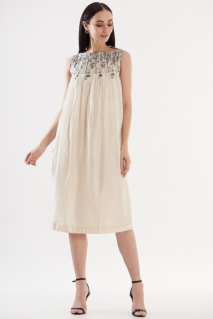 Ivory Chanderi Printed Midi Summer Dress by Ahmev at Pernia's Pop Up Shop