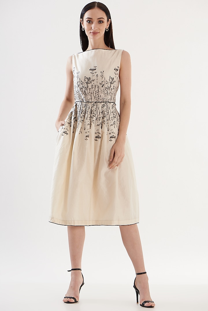 Ivory Chanderi Printed A-Line Midi Dress by Ahmev