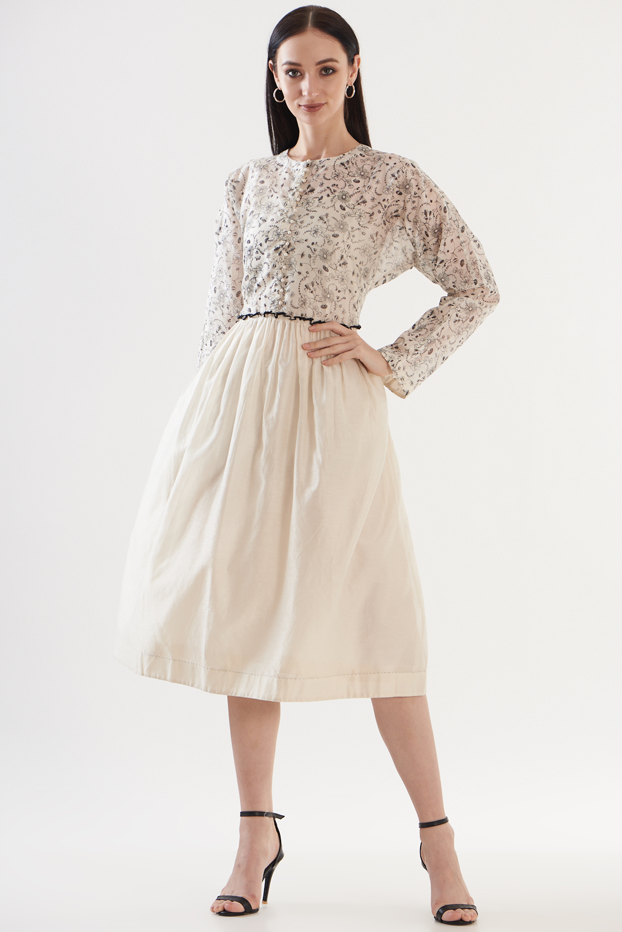 Ivory Chanderi Printed Midi Dress by Ahmev