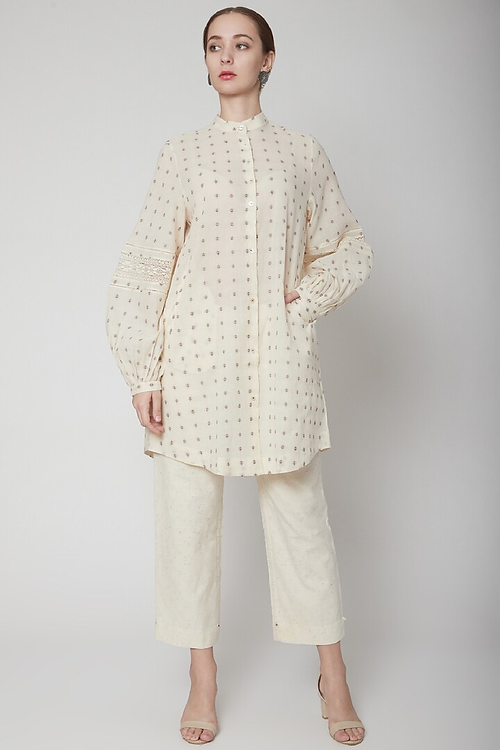 Ivory Checkered Shirt With Lace Detailing by Ahmev
