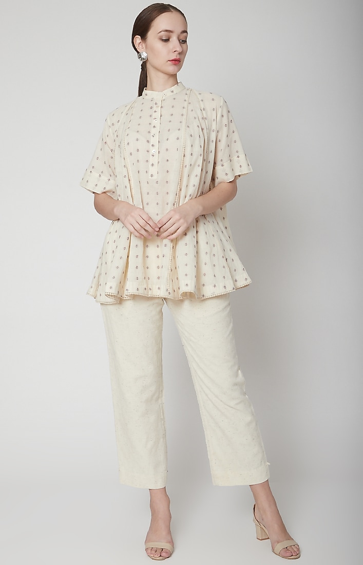 Ivory Checkered Top With Mop Buttons by Ahmev