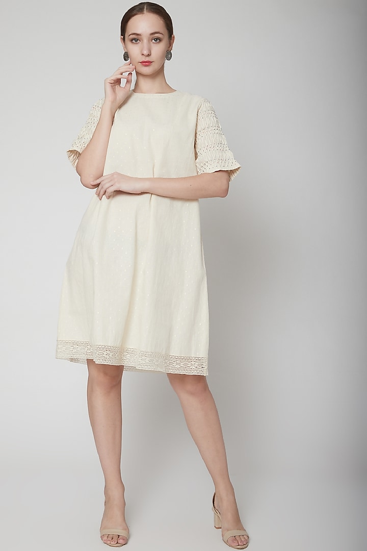 Ivory Dress With Pink Tuck Sleeves by Ahmev