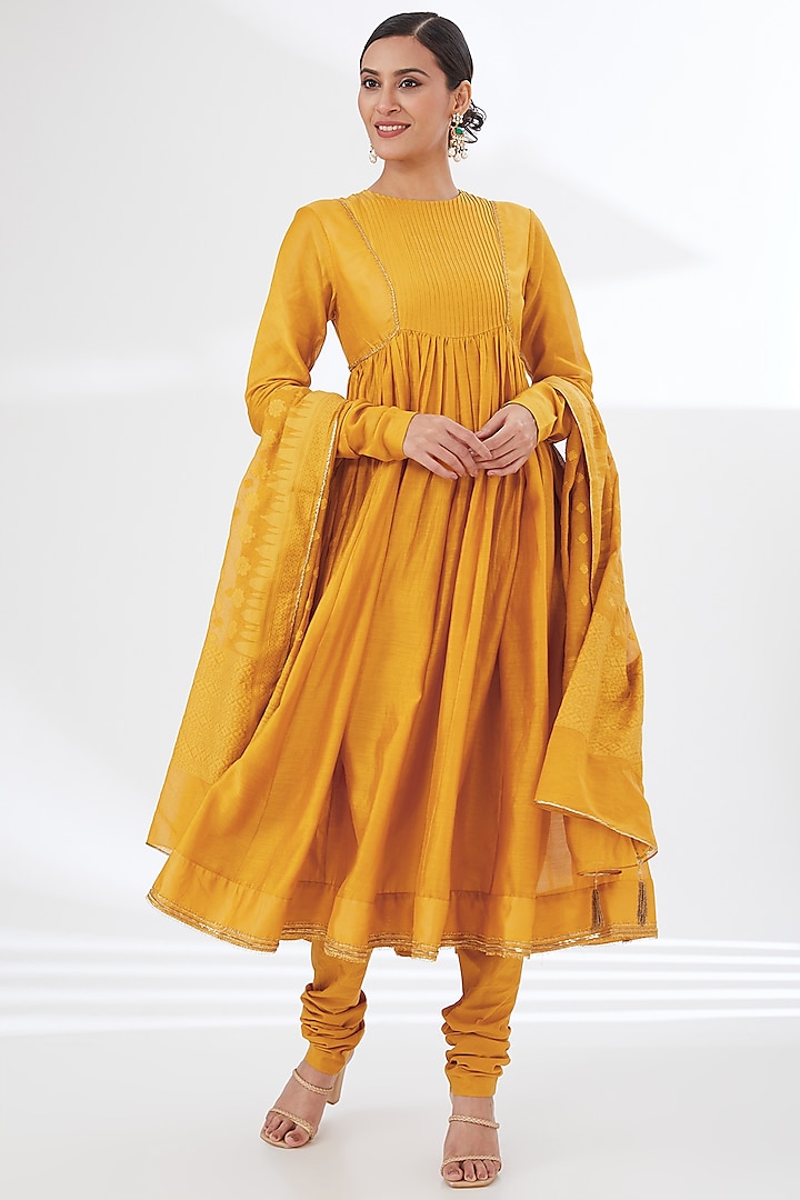 Mustard Yellow Chanderi Embellished Party Wear Anarkali Set by Ahmev at Pernia's Pop Up Shop