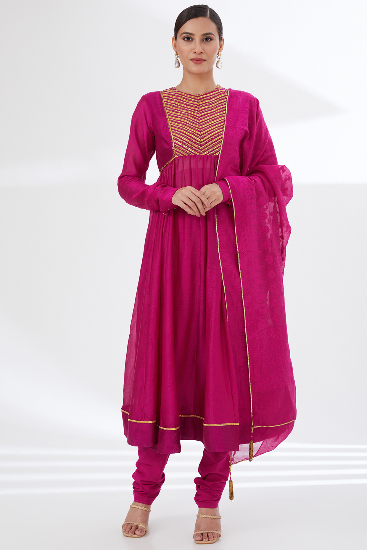 Fuchsia Pink Chanderi Embroidered Party Wear Anarkali Set by Ahmev at Pernia's Pop Up Shop