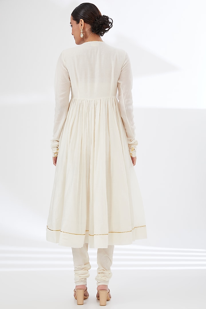 Ivory Chanderi Embellished Party Wear Anarkali Set by Ahmev at Pernia's Pop Up Shop